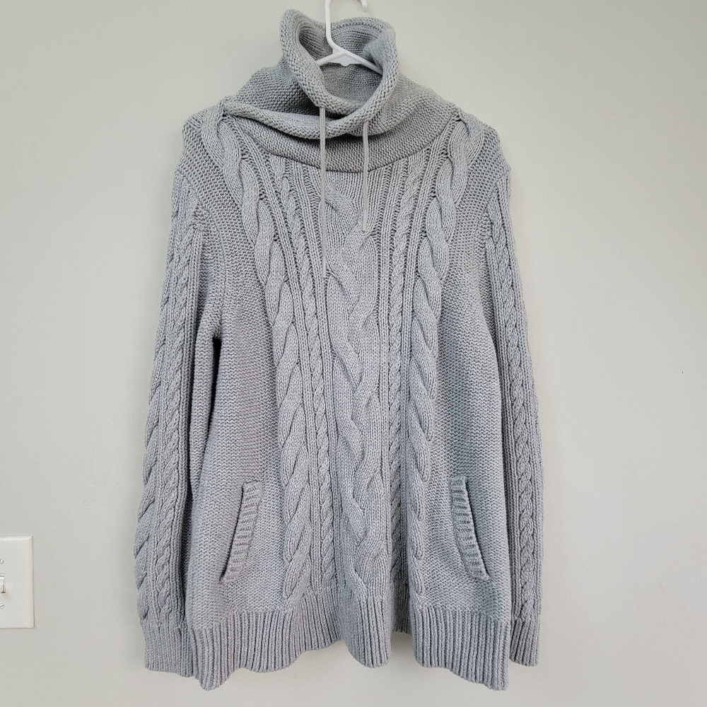 LL Bean Cableknit Gray Chunky Cowl Neck Sweater Women Size L 3D Knit Fisherman